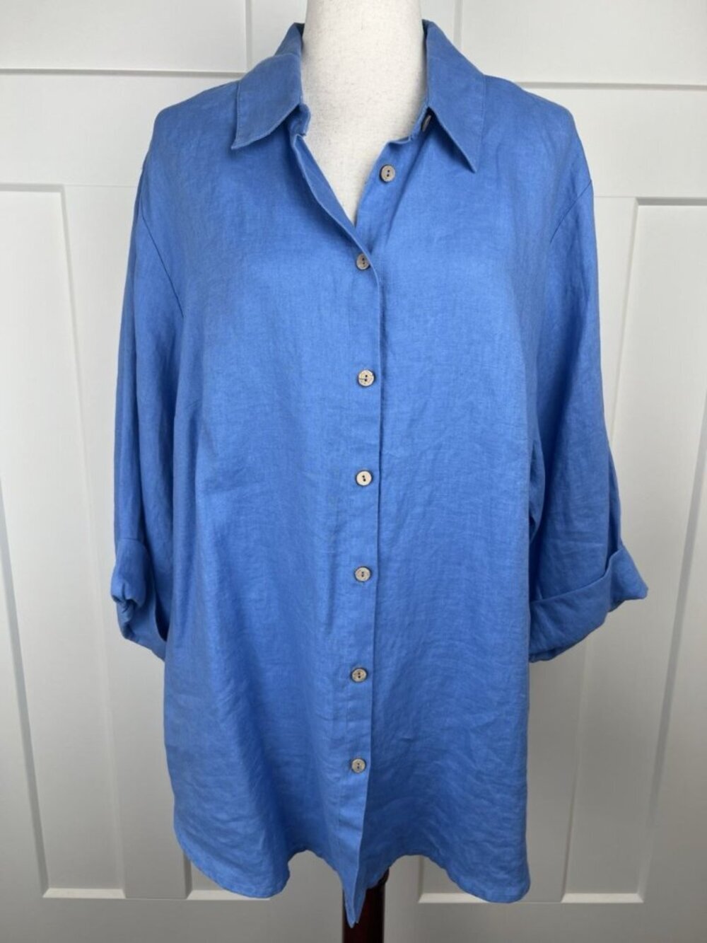 Soft Surroundings 1X Blue 100% Linen Button Front Tunic Blouse Relaxed NWT